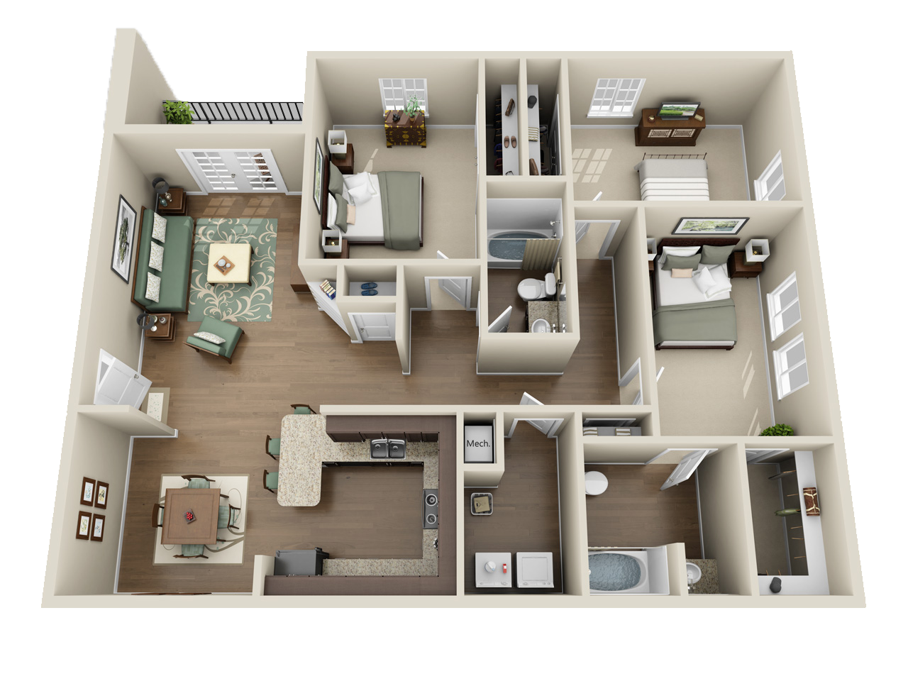 Floor plan for 3 beds, 2 baths, 1430 sqft